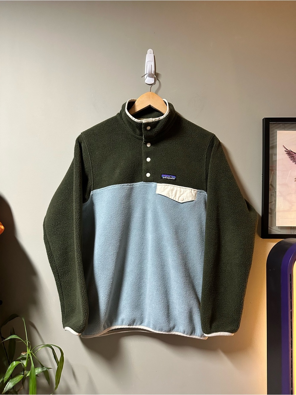 Patagonia Men’s Two-Tone Fleece Snap-Up - Olive Green & Light Blue